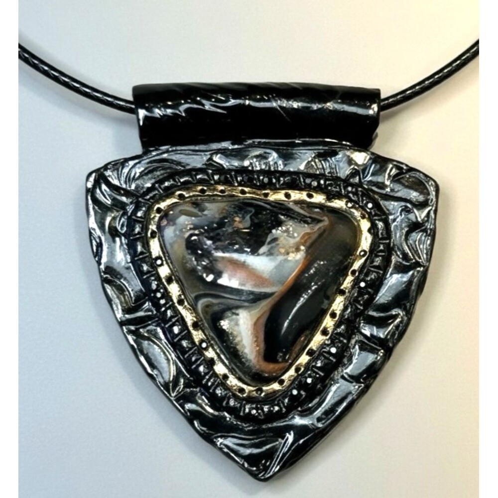 Handmade Black & Copper Large Polymer Clay Pendant Necklace w Black Leather Cord